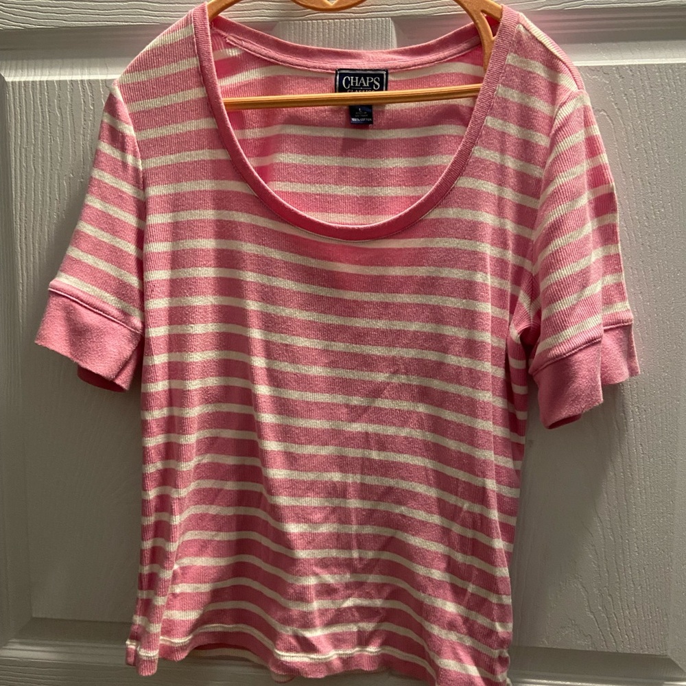 Chaps Women's Pink and White Striped Tee